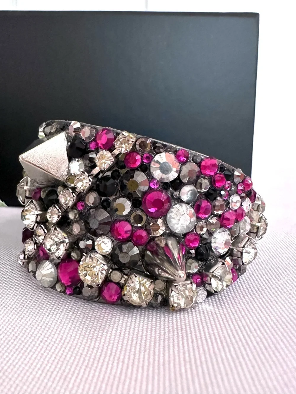 CUFF BRACELET ~ Studded Pink Silver Gray and Black Cuff w/Swarovski Crystals